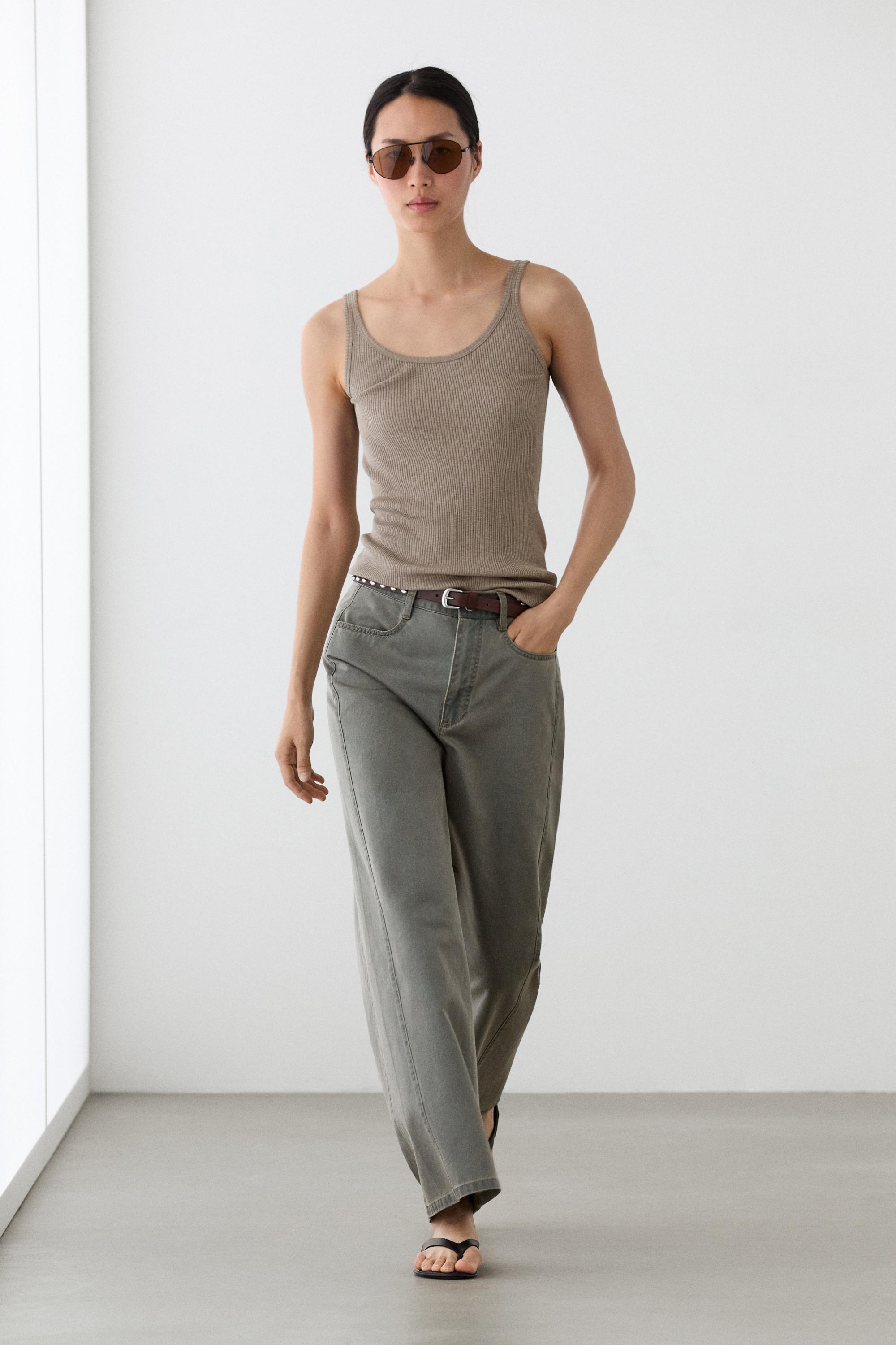Wide-leg cotton jeans with denim detail